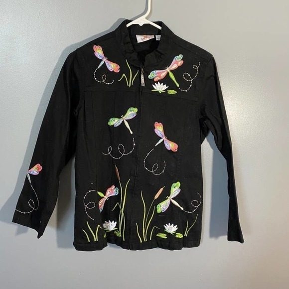 𝅺quacker Factory Dragonfly Embroidered Zip Front Jacket Shacket Size Small - Picture 2 of 6